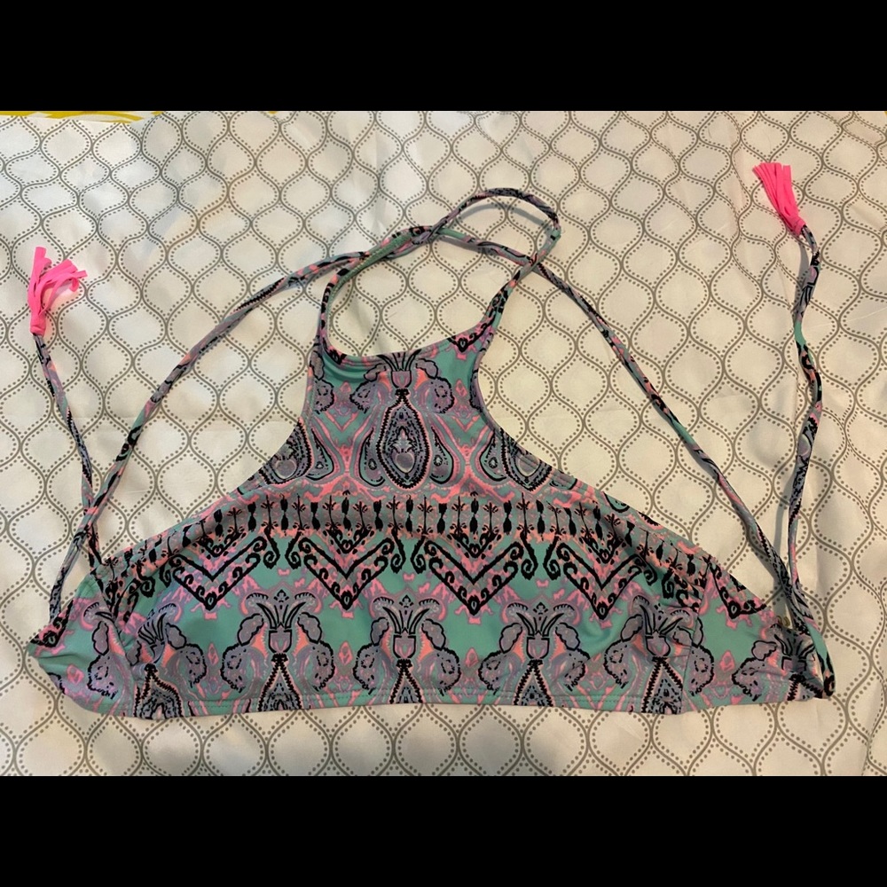 halter gray and pink bathing suit top